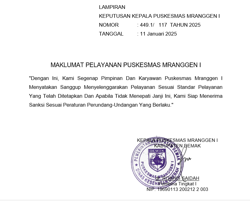 MAKLUMAT PELAYANAN PUSKESMAS MRANGGEN I